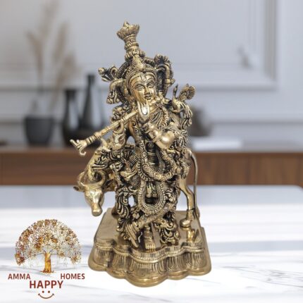 Brass Krishna On Stand With Holy Cow 2.5 Feet