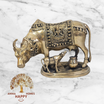 Brass cow and cow calf with milk pot 9"